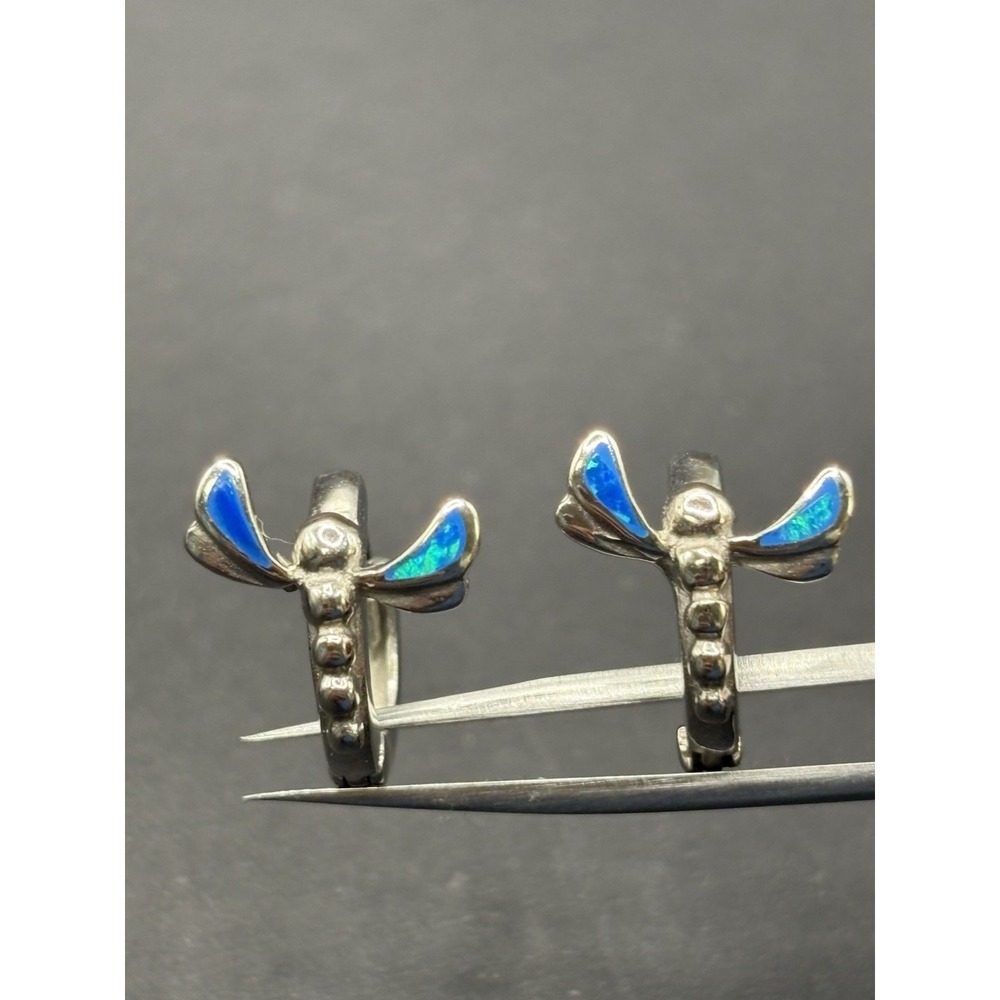 New Condition Sterling Silver Lab Opal Dragonfly Huggie Hoop Earrings 925 F23
